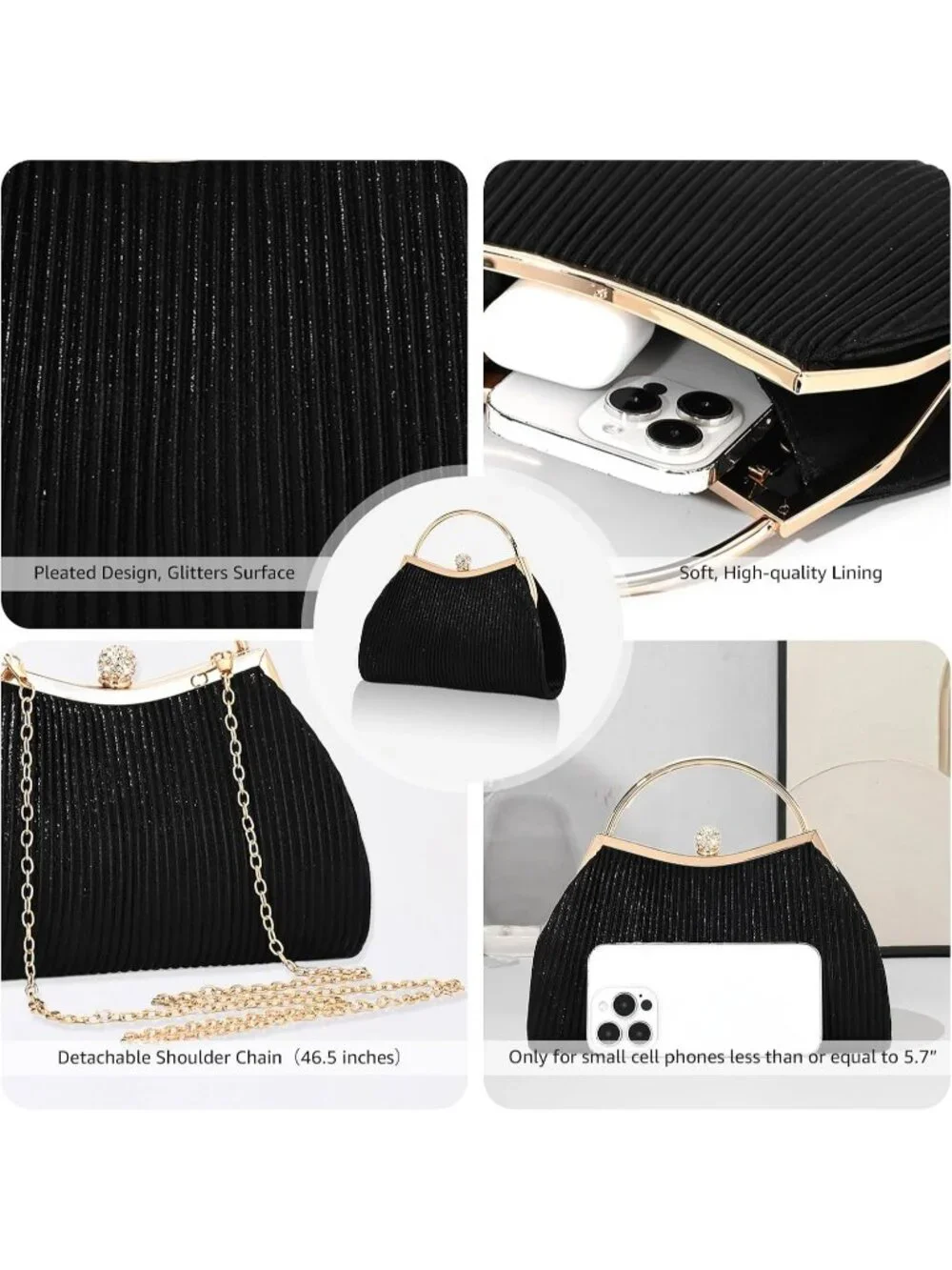 Women's Black Glitter Pleated Clutch Purse For Sparkly Evening Wedding Bag